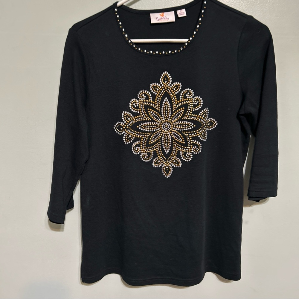 Quacker Factory Black Top with Gold and silver beaded sequined accents